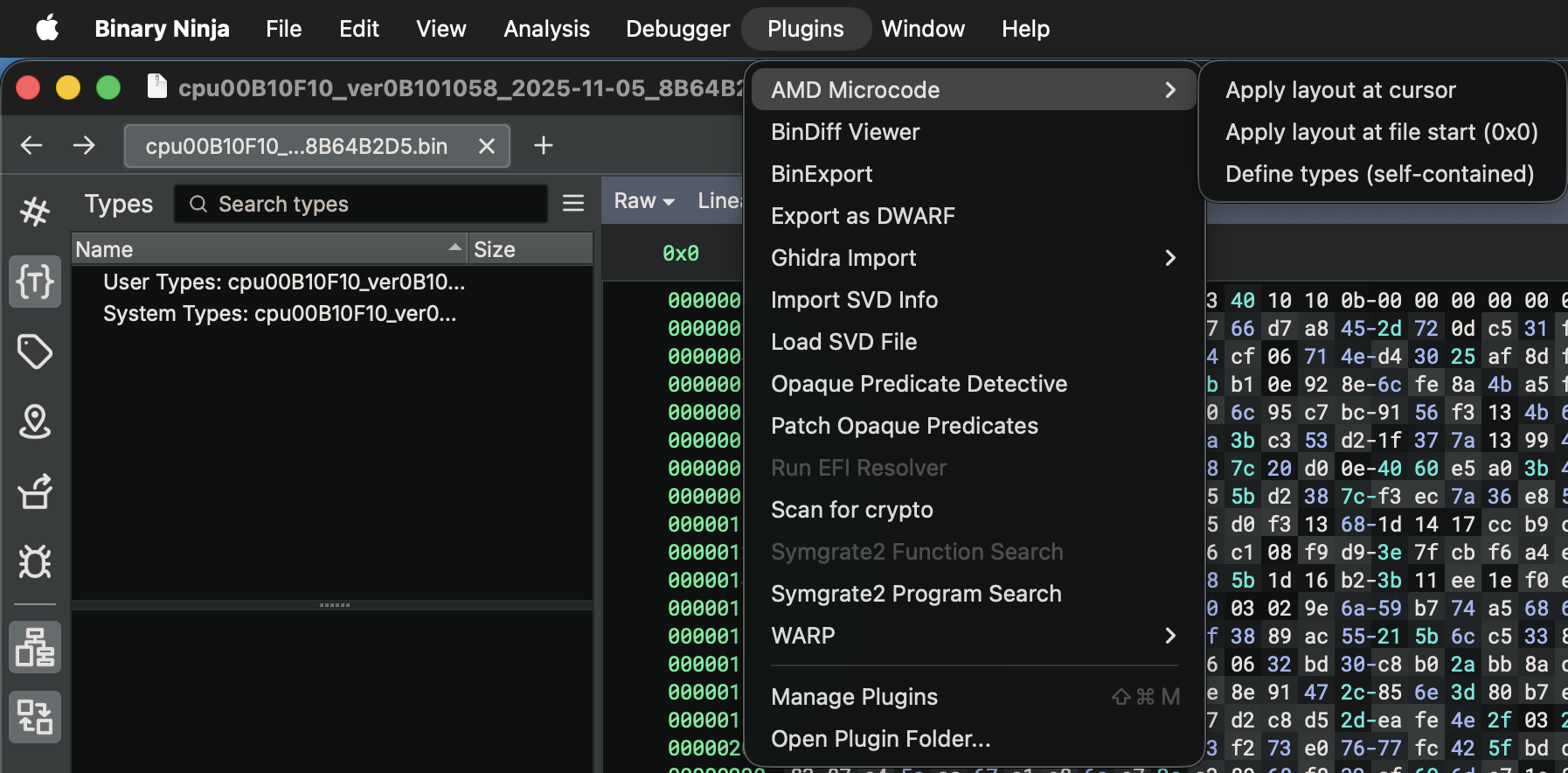 Binary Ninja plugin menu screenshot